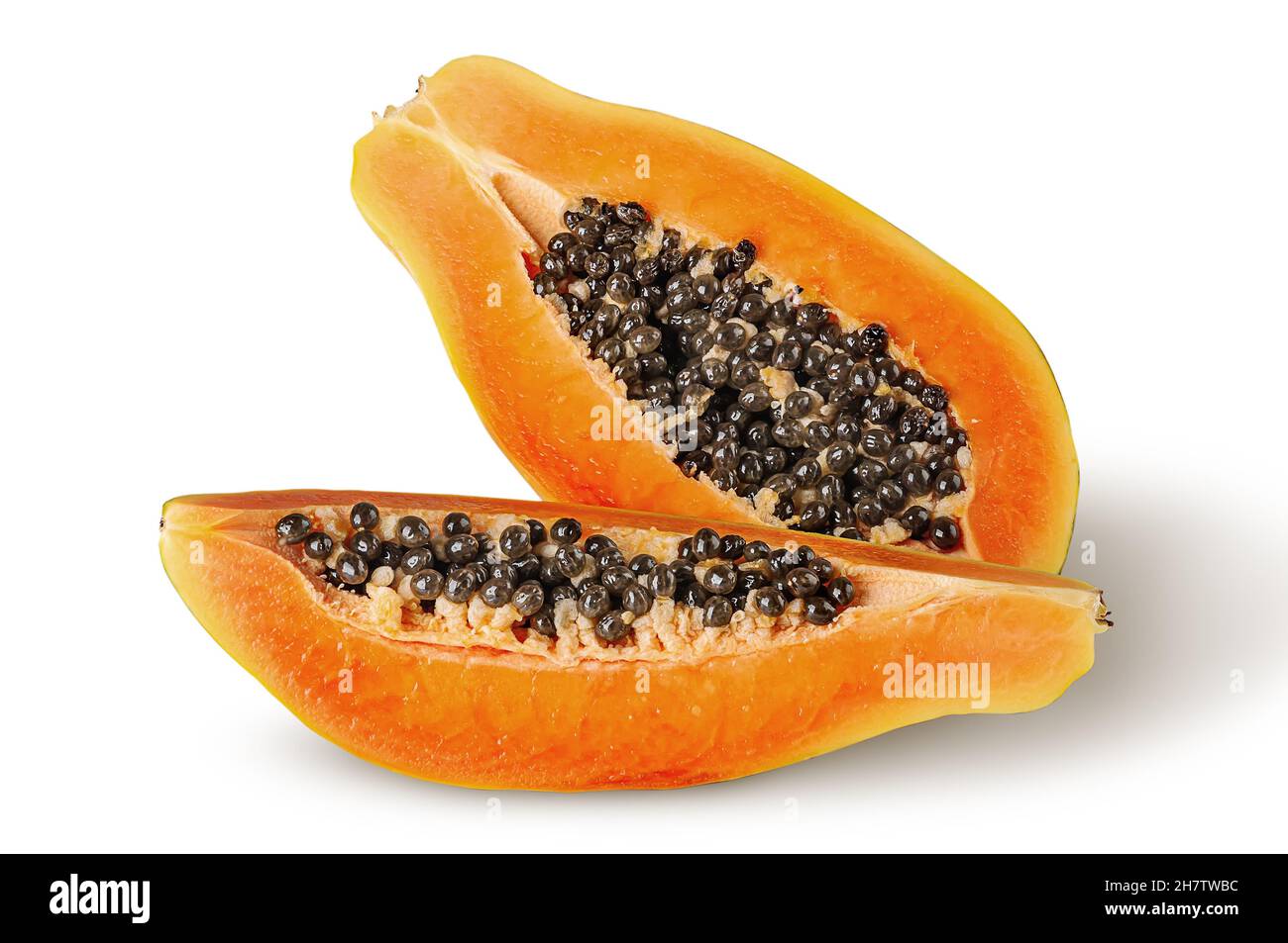 Half and quarter ripe papaya top wiev isolated on white background Stock Photo