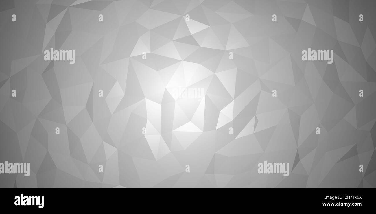 Polygonal low-poly background with mosaic triangles and shiny metallic textured surface and bright center in bright grey color Stock Photo