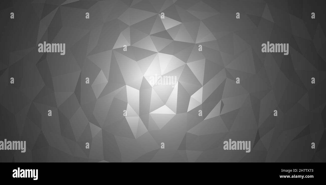 Polygonal low-poly background with mosaic triangles and shiny metallic textured surface and bright center in dark grey monochrome color Stock Photo