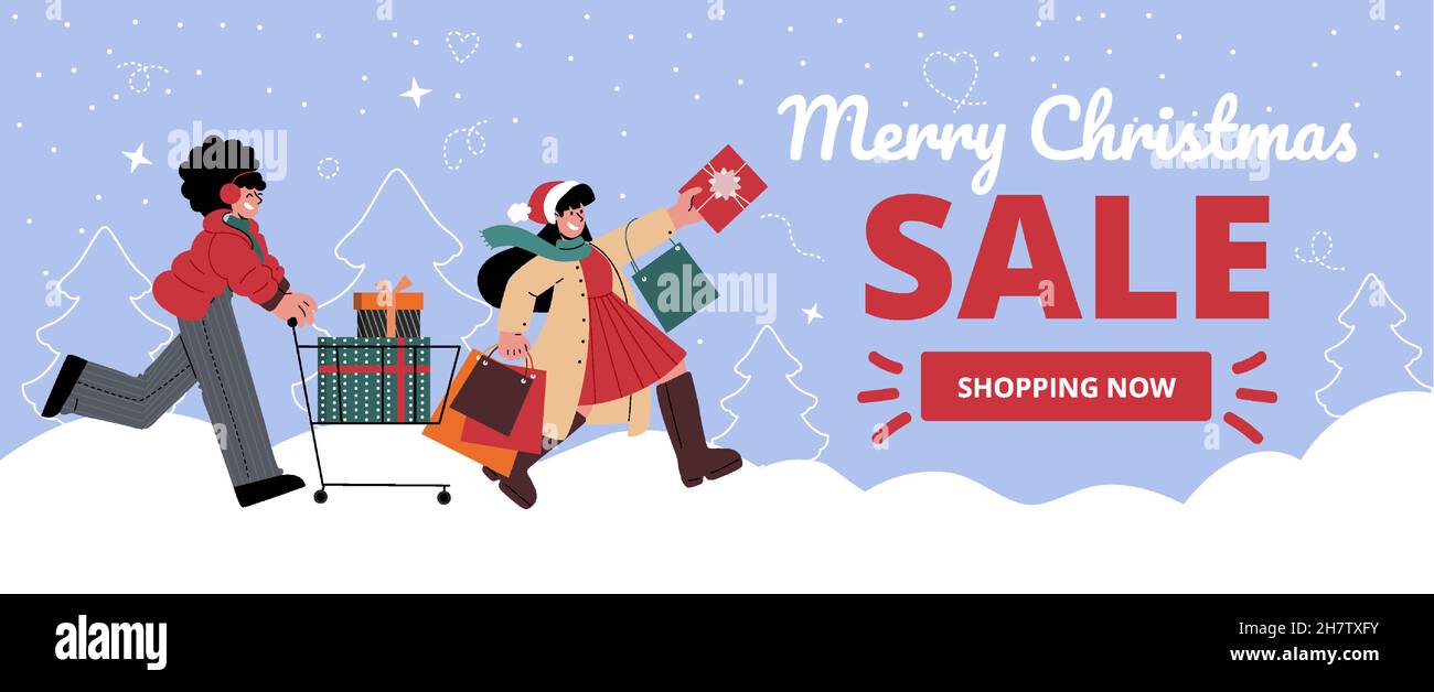 Sale in womens department.Preparing for Christmas and New Year, two women run to buy presents with shopping cart.Big winter sale banner,ad.Vector flat Stock Vector