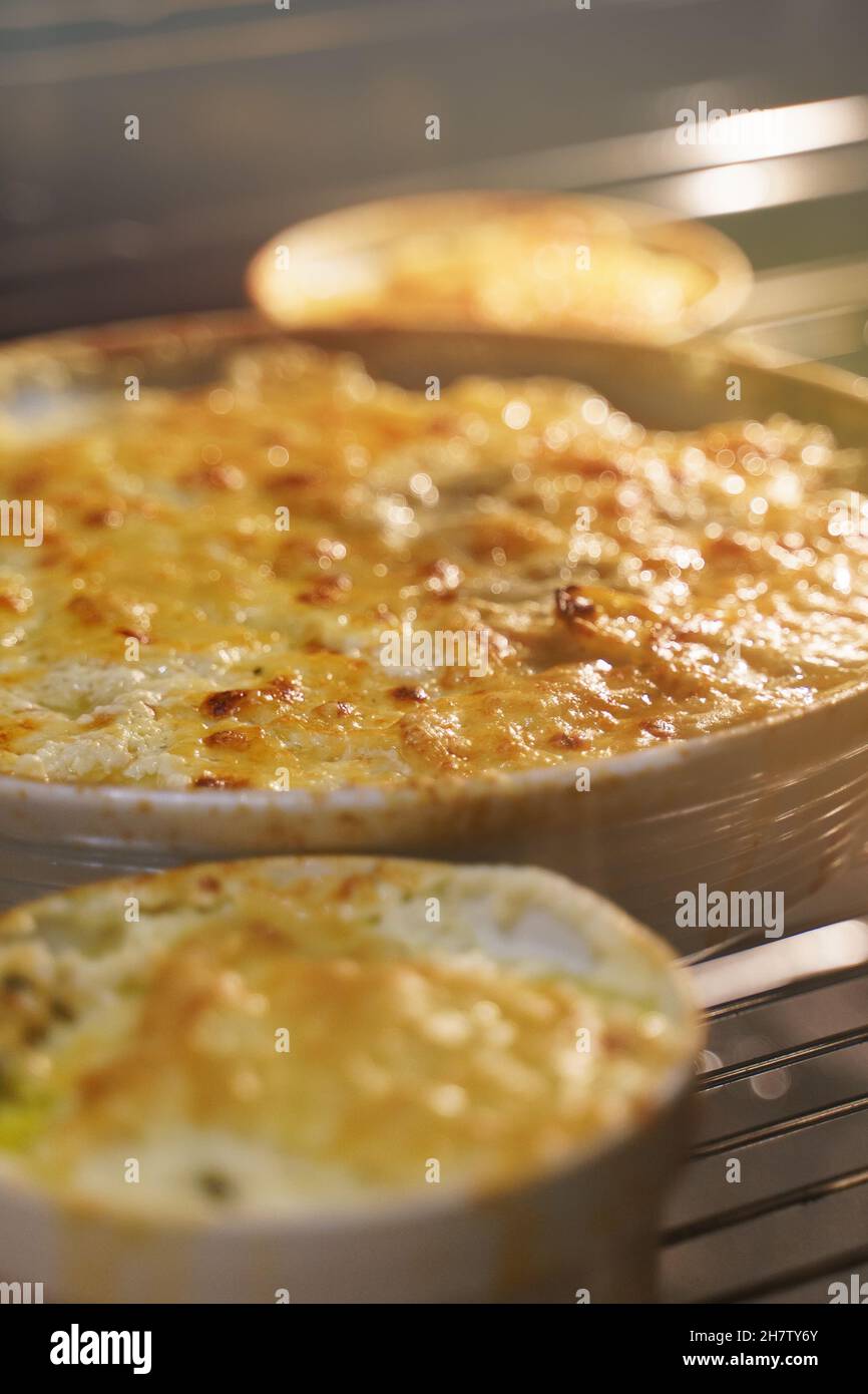 Homemade creamy Au Gratin Potatoes in oven Stock Photo Alamy
