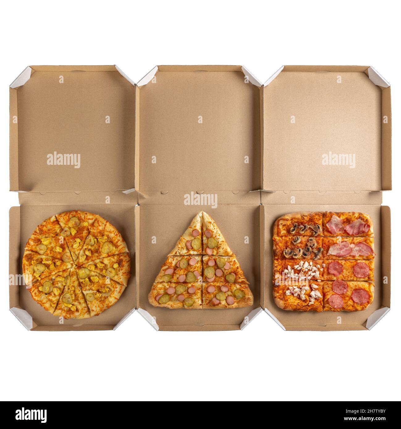 Three pizza boxes of round, triangular and square shape. Conceptual photo based on the famous TV series The Squid Game. Stock Photo