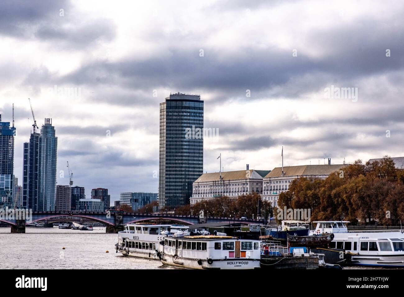 Waterloo London England UK, November 21 2021, View Looking West From Westminster Bridge Down The River Thames To Skyscrapers And High Rise Buildings A Stock Photo