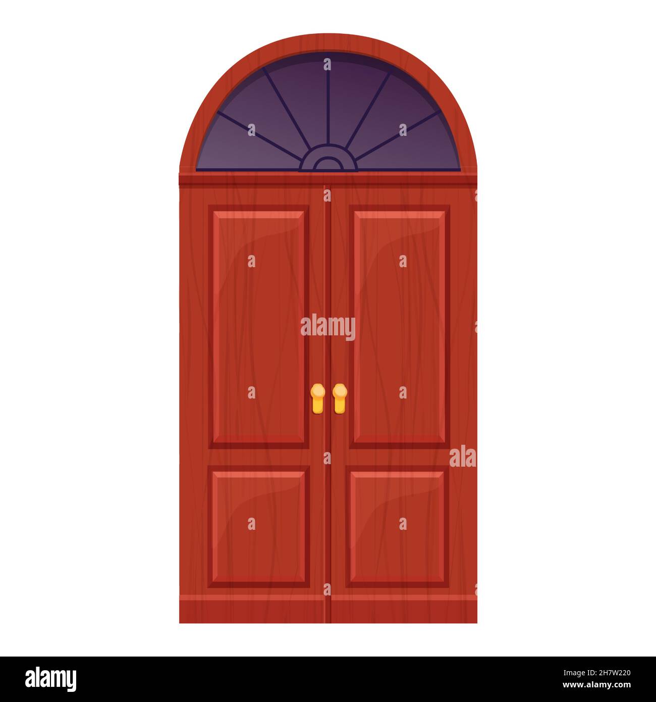 Arch wooden door, front entrance with window, textured in cartoon style ...