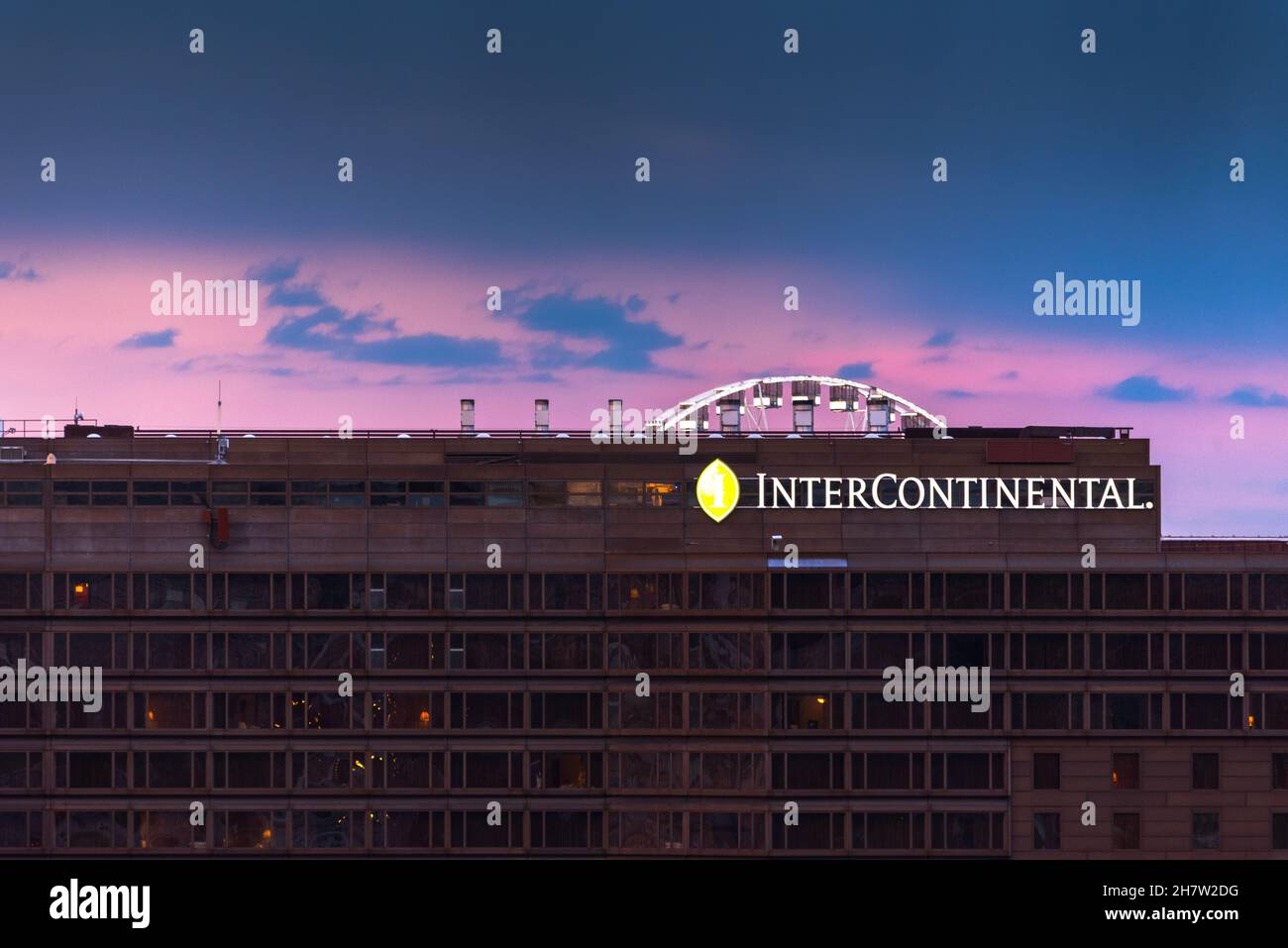 Scenic view of the Hotel Intercontinental in Budapest, Hungary during sunset Stock Photo