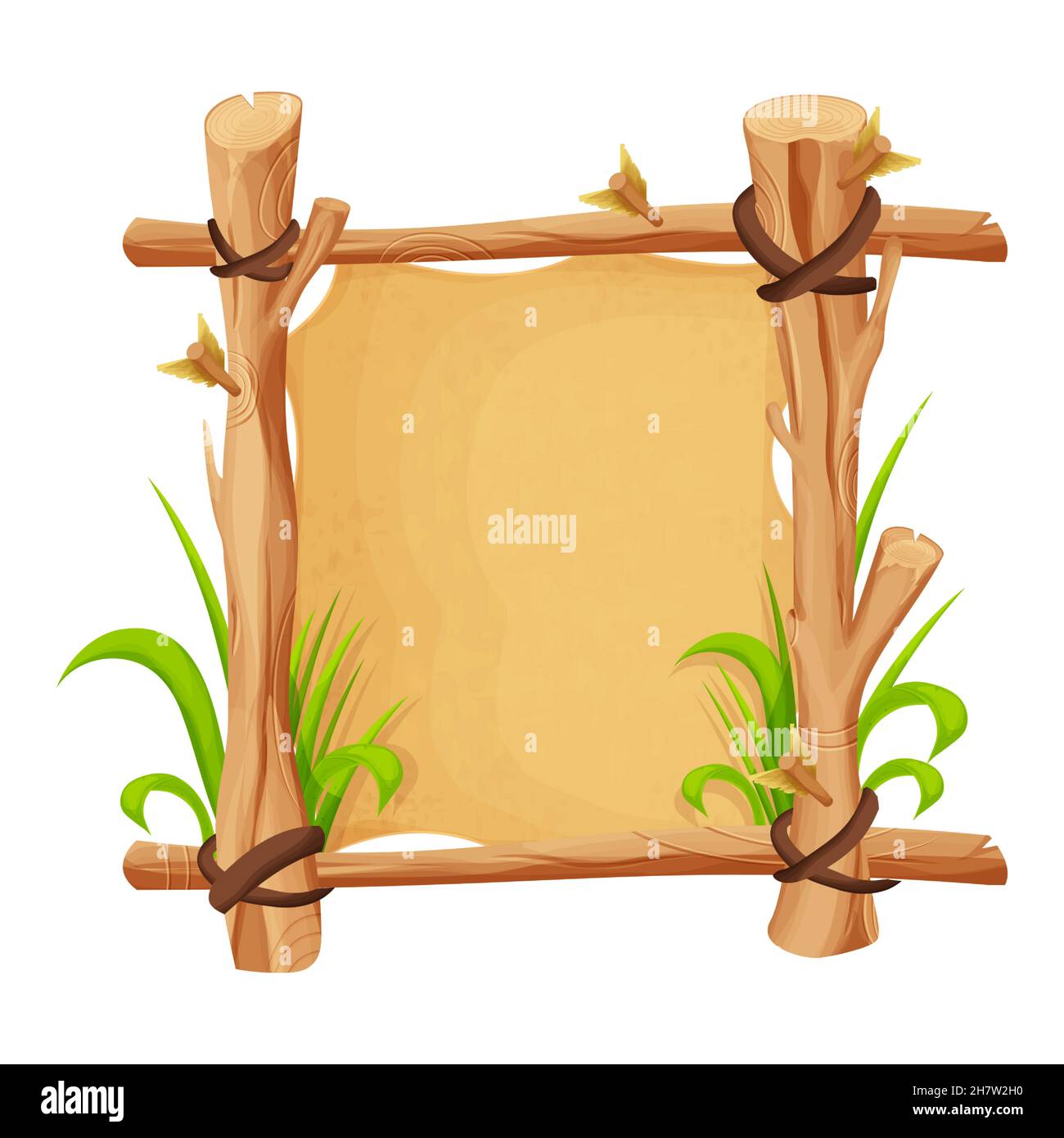 Frame from wood branch, sticks, old paper, leather rope, grass in comic  cartoon style isolated on white background. Tribal, rural clip art. Ui game  as Stock Vector Image & Art - Alamy