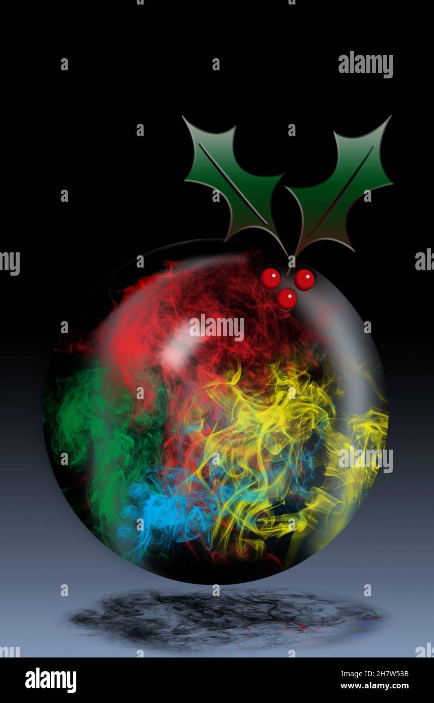 Christmas pudding or seasonal global doom and gloom. Poison gas filled globe representing world climate changes and pollution or covid 19 virus issues Stock Photo