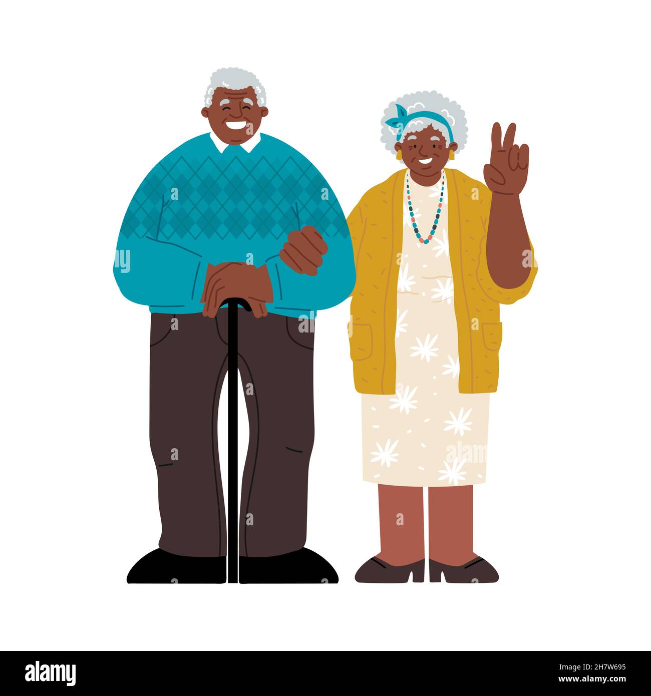 American african senior couple.Grandmother and grandfather standing together on a white background. Grandmother waving with the hand.Vector flat illus Stock Vector