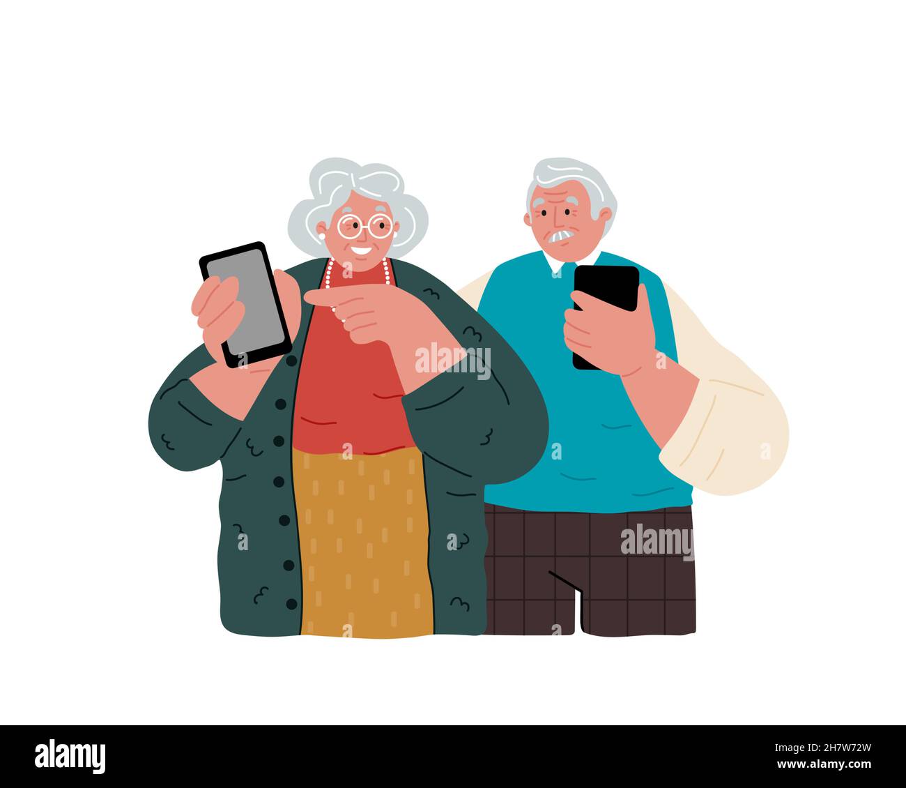 Grandmother is teaching grandfather how to use a cell phone. Pensioners and new technology. Senior people using smart devices. Stock Vector