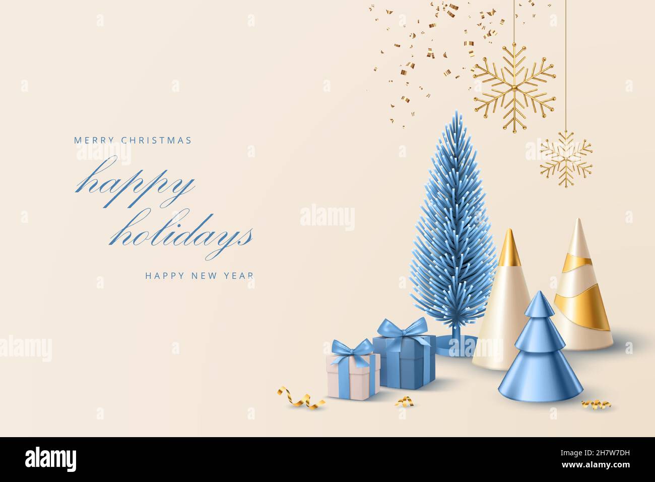 Christmas and New Year realistic banner. Christmas composition of golden cone-shaped and foil Christmas trees. Advertising Web poster. Holiday banner, Stock Vector