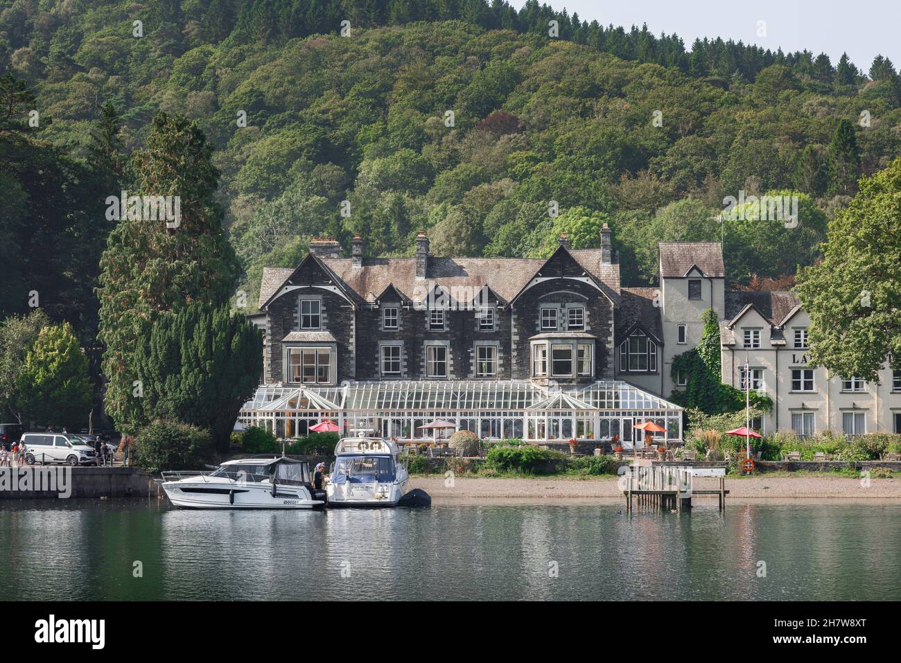 Lakeside Hotel, view in summer from Lake Windermere of the popular Lakeside Hotel and Spa sited in Lakeside, Lake District, Cumbria, England, UK Stock Photo