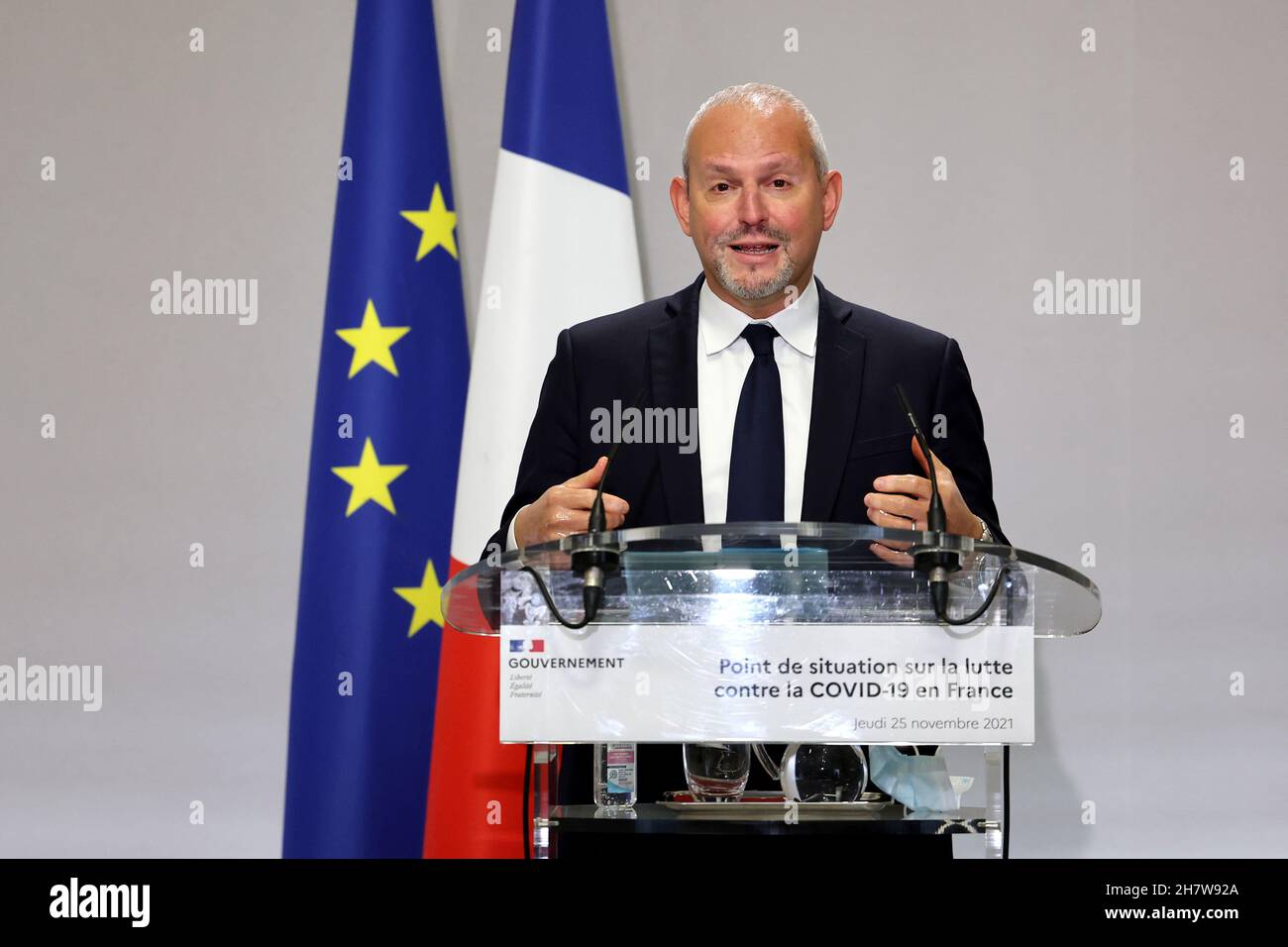 Director General of Health Jerome Salomon speaks during a news conference  on the coronavirus disease (COVID-19) situation in France and upcoming new  governmental measures to curb the spread of the virus, in