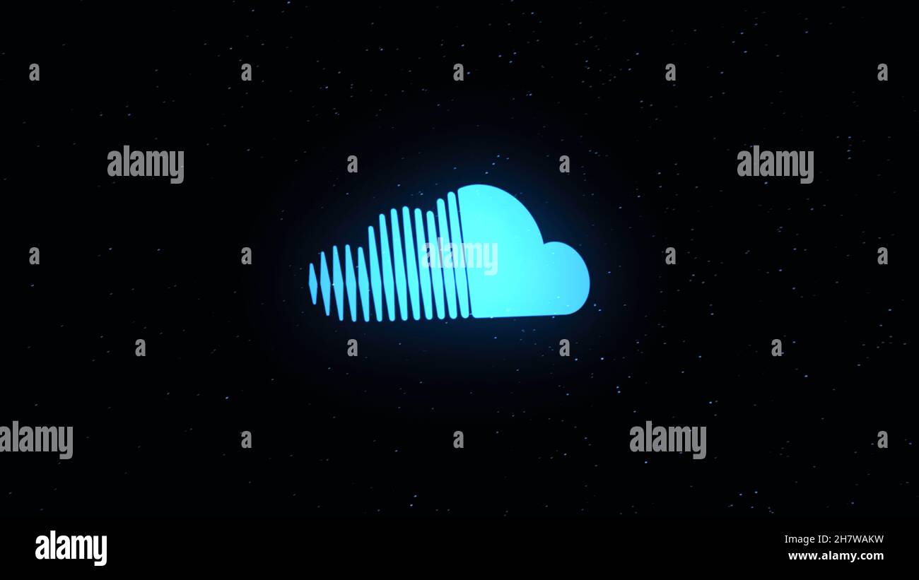 Sound cloud digital space icon animation. Animation. Icon is sprayed on points in cyberspace. Stock Photo