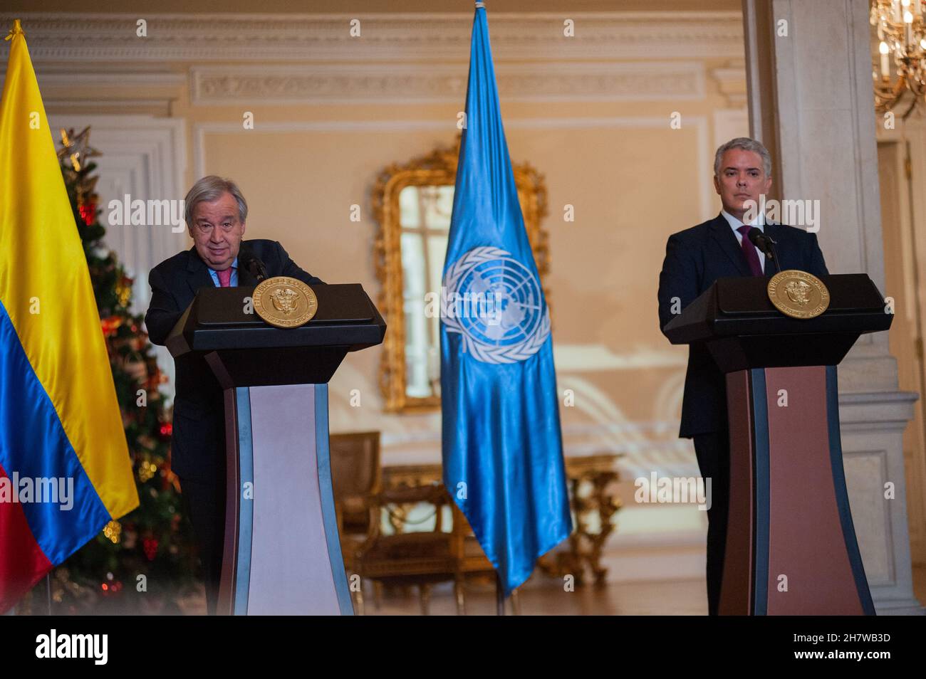 United Nations Secretary-General Antionio Guterres (left) and Colombia's president Ivan Duque give a press conference during the visit of the United N Stock Photo