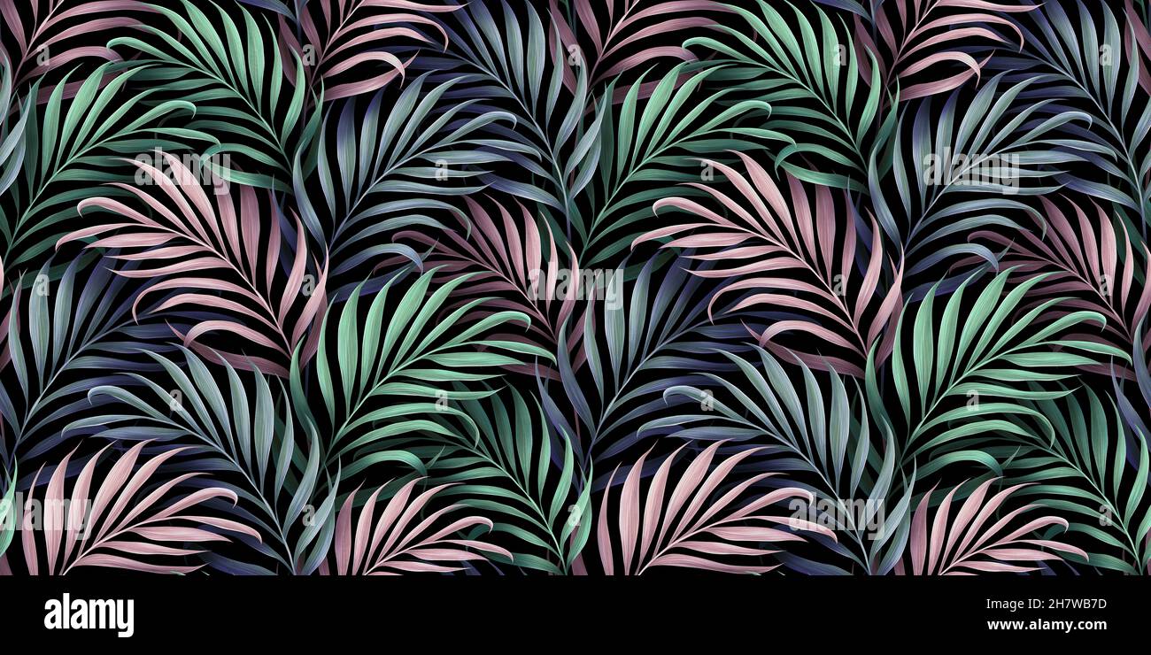 Tropical seamless pattern. Beautiful green, pink, blue palm leaves