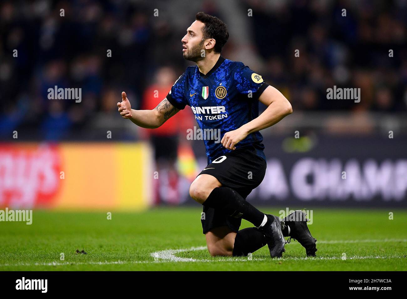 Milan, Italy. 24 November 2021. Hakan Calhanoglu of FC Internazionale reacts during the UEFA Champions League football match between FC Internazionale and FC Shakhtar Donetsk. Credit: Nicolò Campo/Alamy Live News Stock Photo