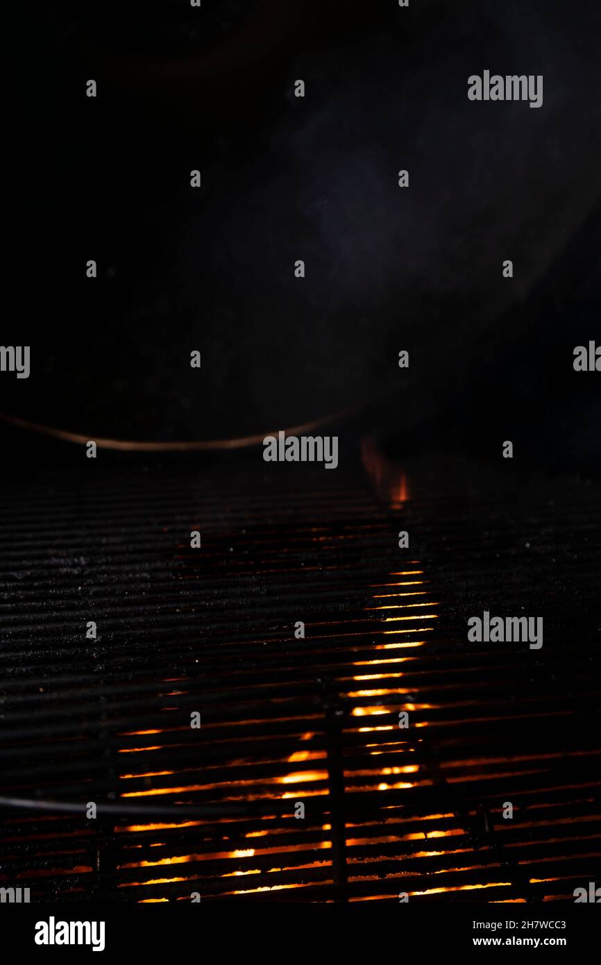 selective focus, fire texture, grill grill with burning coals
