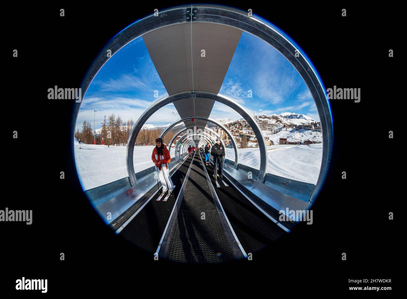 France, Alpes-Maritimes (06) Valberg, the Tube, new equipment in 2019 for skiers, which allows access to the first slopes thanks to two conveyor belts Stock Photo