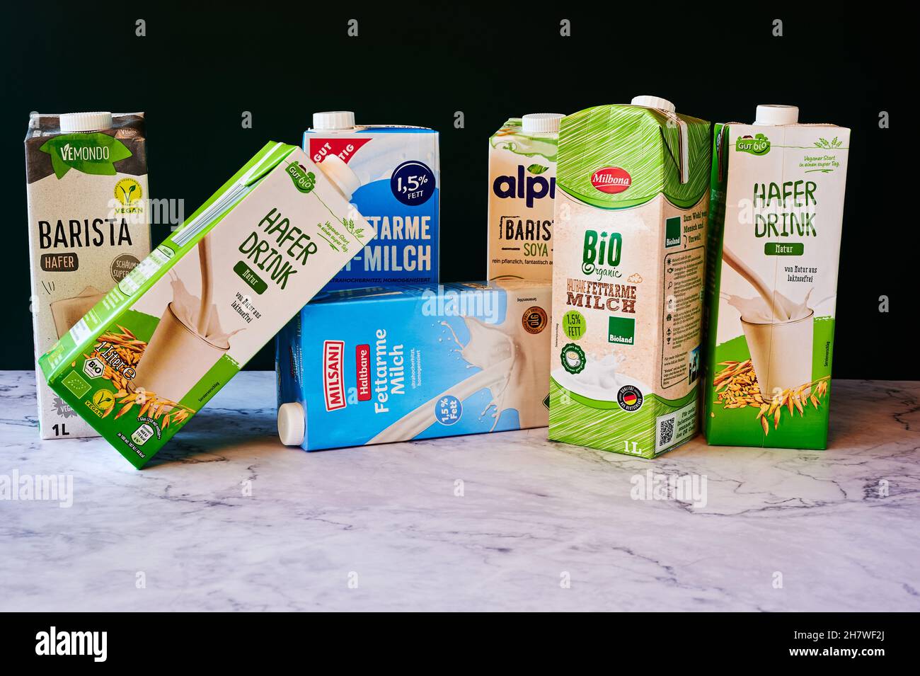 Berlin, Germany - November View of different Photo made from milk, - packs cow\'s 2021: 25, soy milk Stock beverages oats Alamy and of
