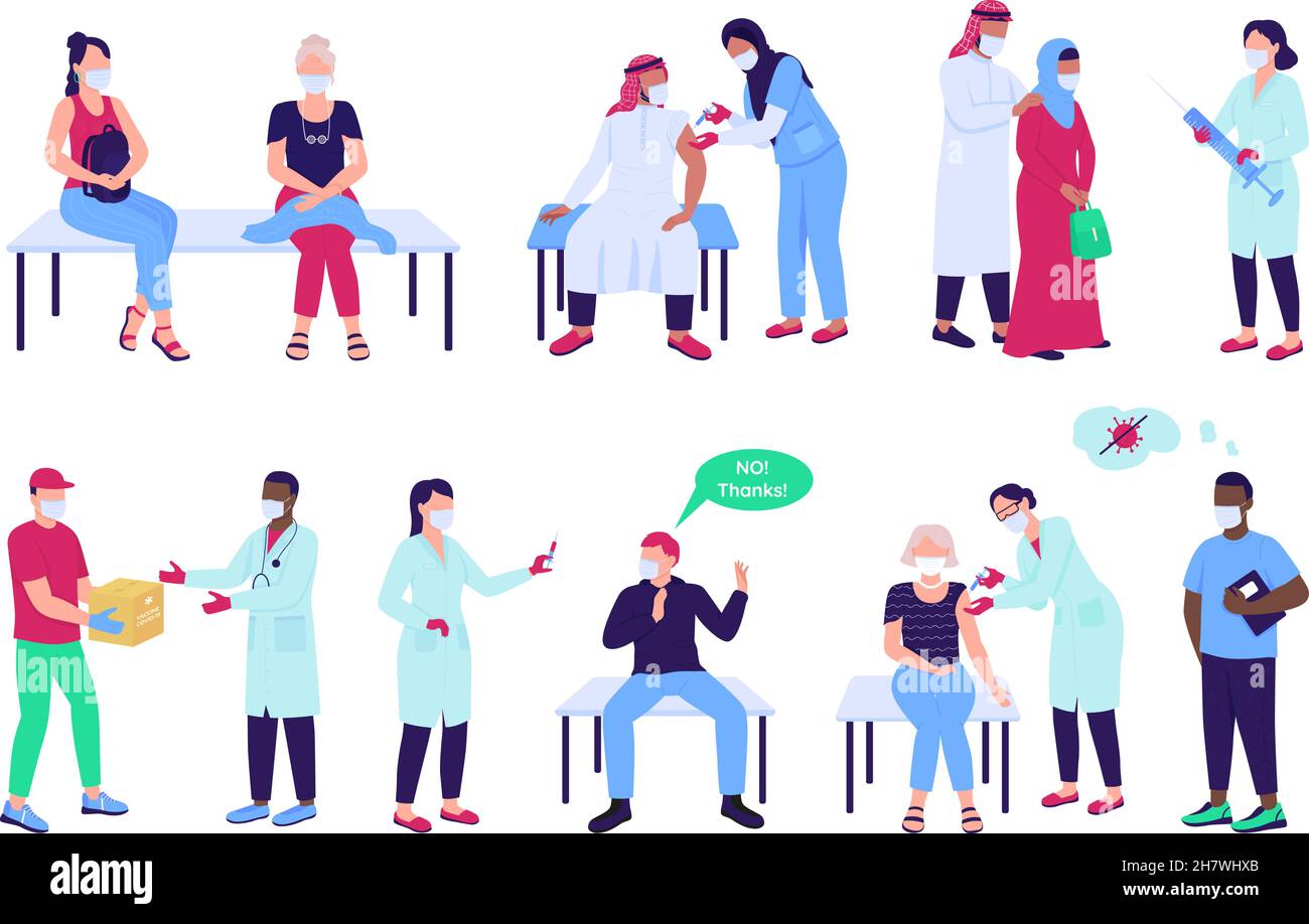 Vaccination semi flat color vector character set Stock Vector