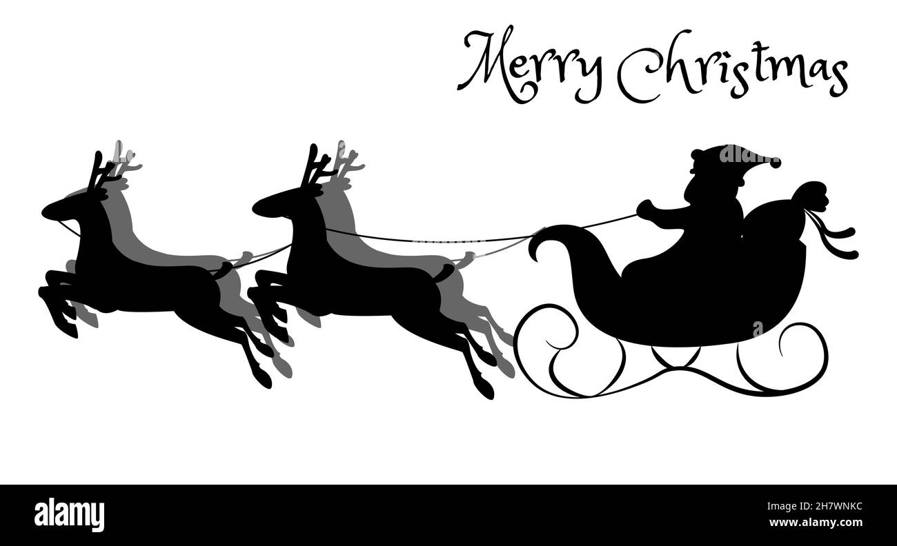 Santa Claus in a sleigh pulled by reindeer. Carries gifts for Christmas and New Year. The silhouette is hand-drawn. Isolated on a white background. Ve Stock Vector