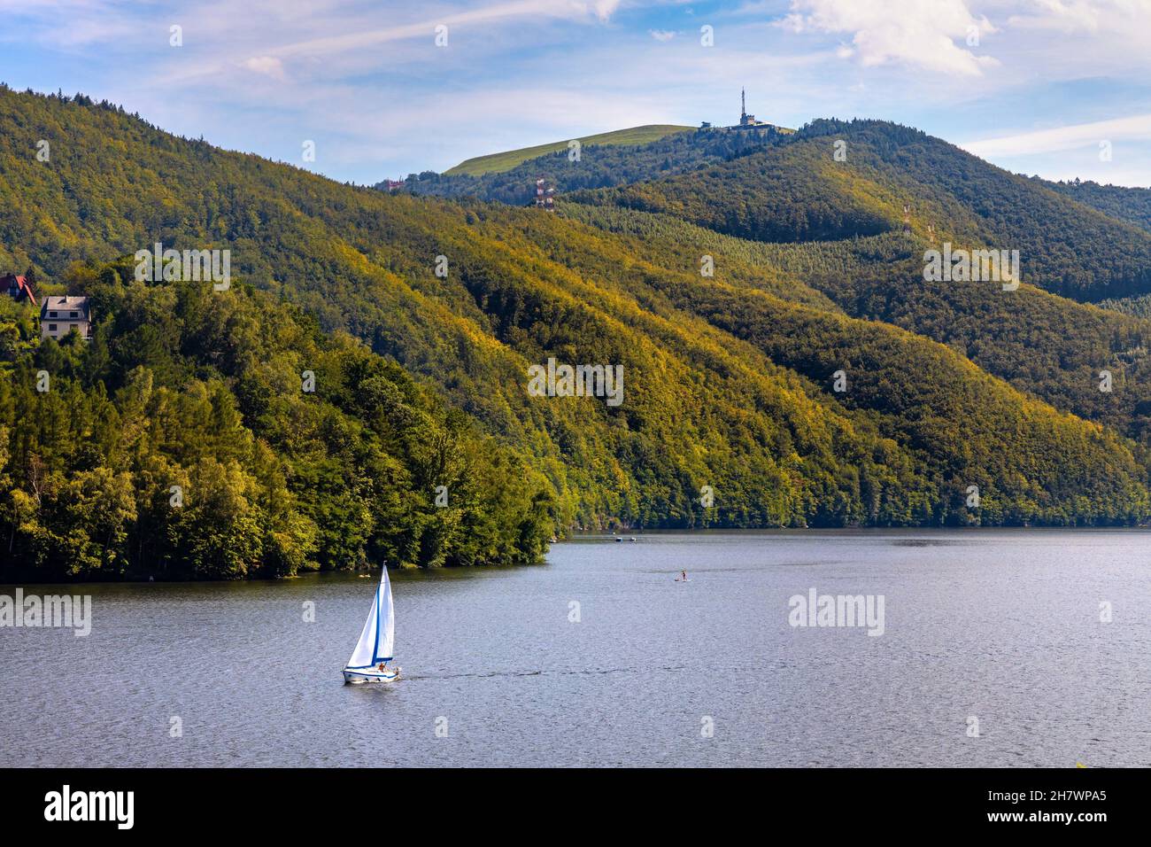 Zywiec, Poland - August 30, 2020: Panoramic view of Miedzybrodzkie Lake and Beskidy Mountains with Gora Zar mountain in Silesia region Stock Photo