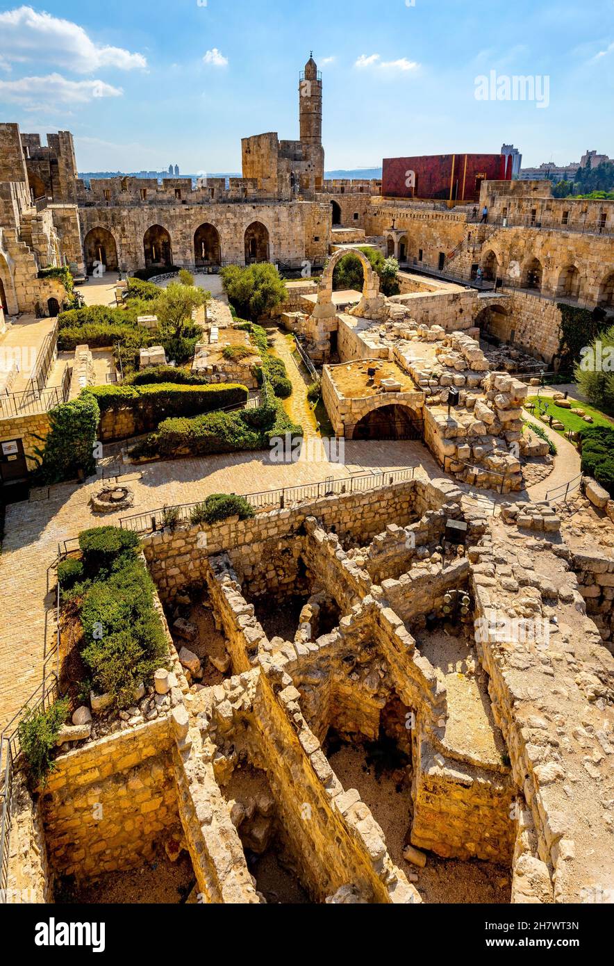 Jerusalem, Israel - October 12, 2017: Inner courtyard, walls and archeological excavation site of Tower Of David citadel complex in Jerusalem Old City Stock Photo