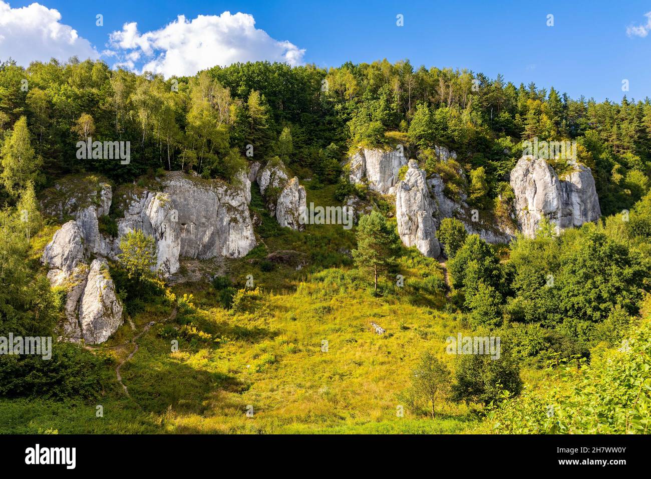 Turnia Marcinkiewicza, Garaz, Mala Plyta and other limestone rocks in Kobylanska Valley within Jura Krakowsko-Czestochowska upland near Cracow in Less Stock Photo