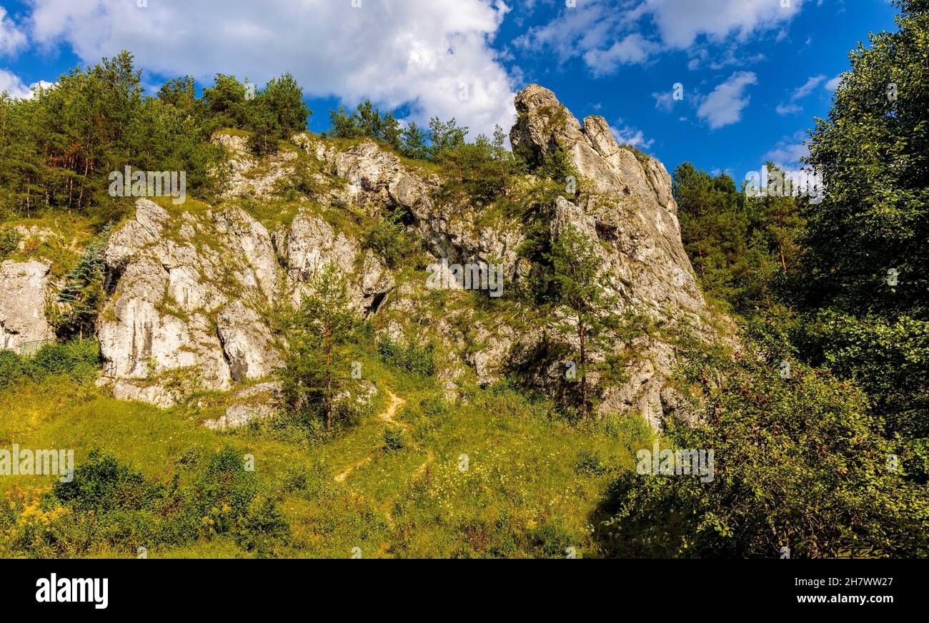 Grupa Zabiego Konia limestone rock massif with Mnich rock in Kobylanska Valley within Jura Krakowsko-Czestochowska upland near Cracow in Lesser Poland Stock Photo