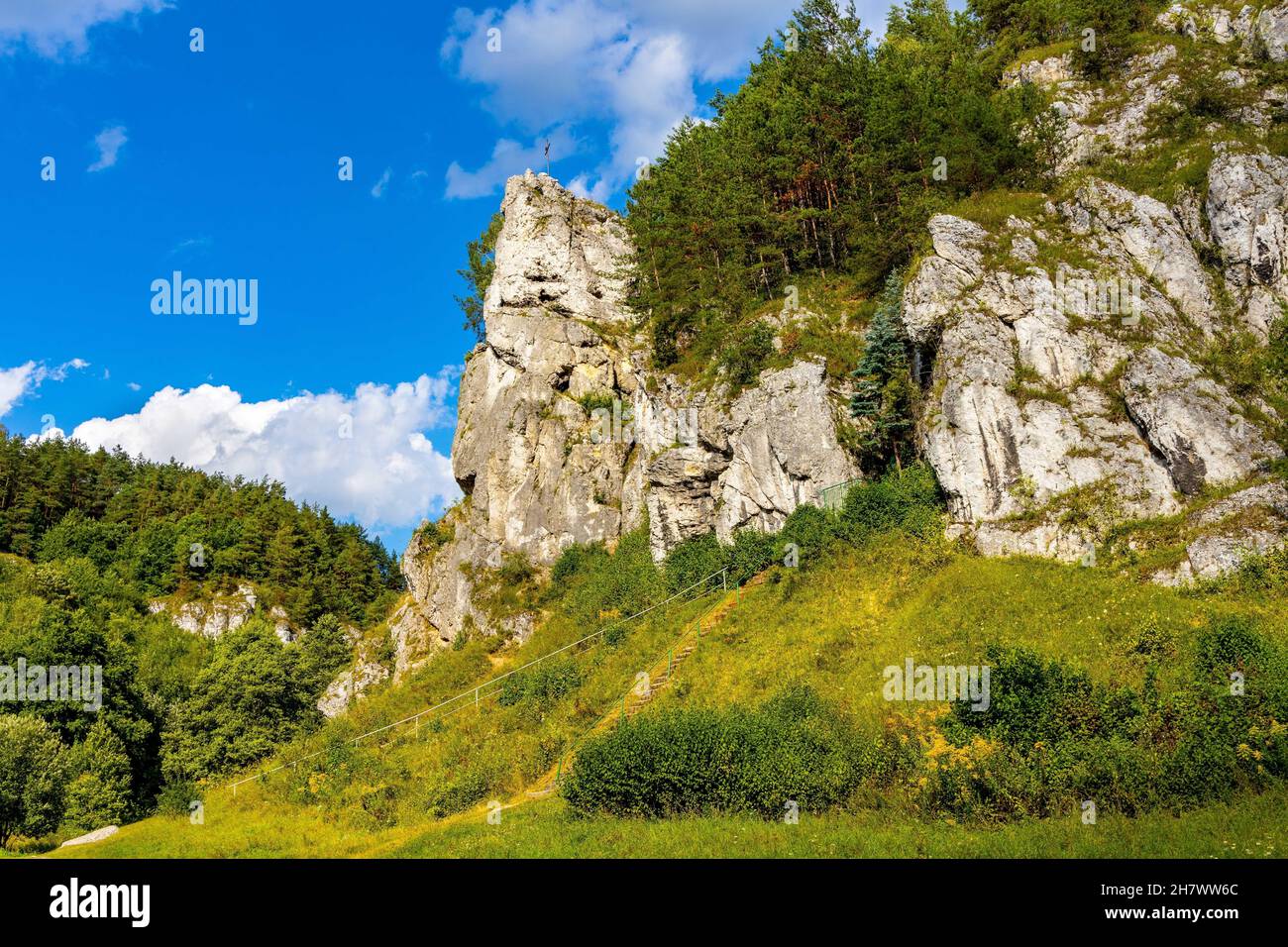 Grupa Zabiego Konia limestone rock massif with Zabi Kon rock in Kobylanska Valley within Jura Krakowsko-Czestochowska upland near Cracow in Lesser Pol Stock Photo