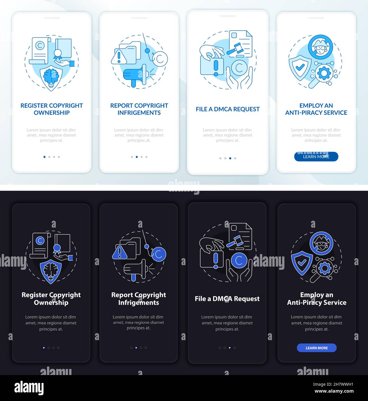 Piracy prevention onboarding mobile app page screen Stock Vector