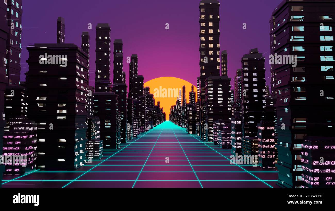 Vaporwave Cyberpank City Background With Road Houses Big Sun And Sunset On Horizon Neon Light 3d Illustration 3d Rendering Stock Photo Alamy