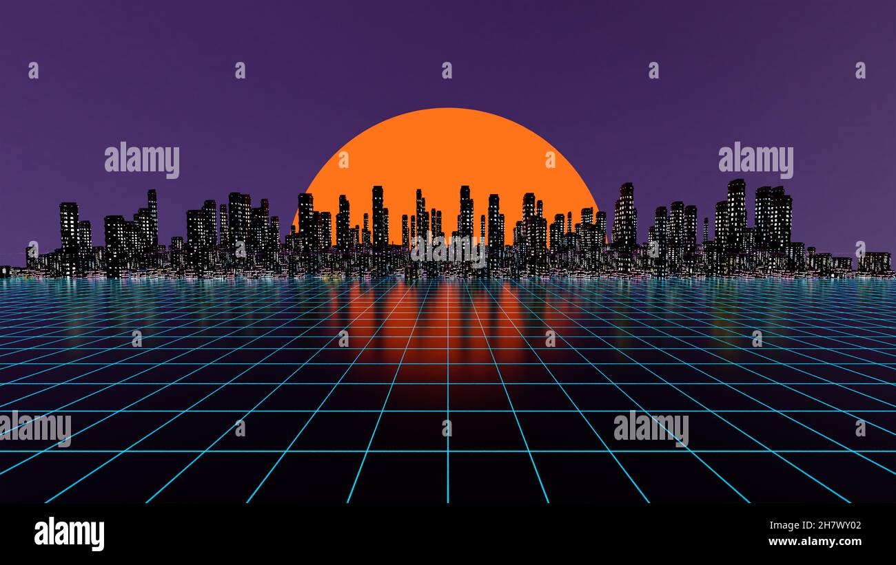 Vaporwave Cyberpank City Background With Road Houses Big Sun And Sunset On Horizon Neon Light 3d Illustration 3d Rendering Stock Photo Alamy