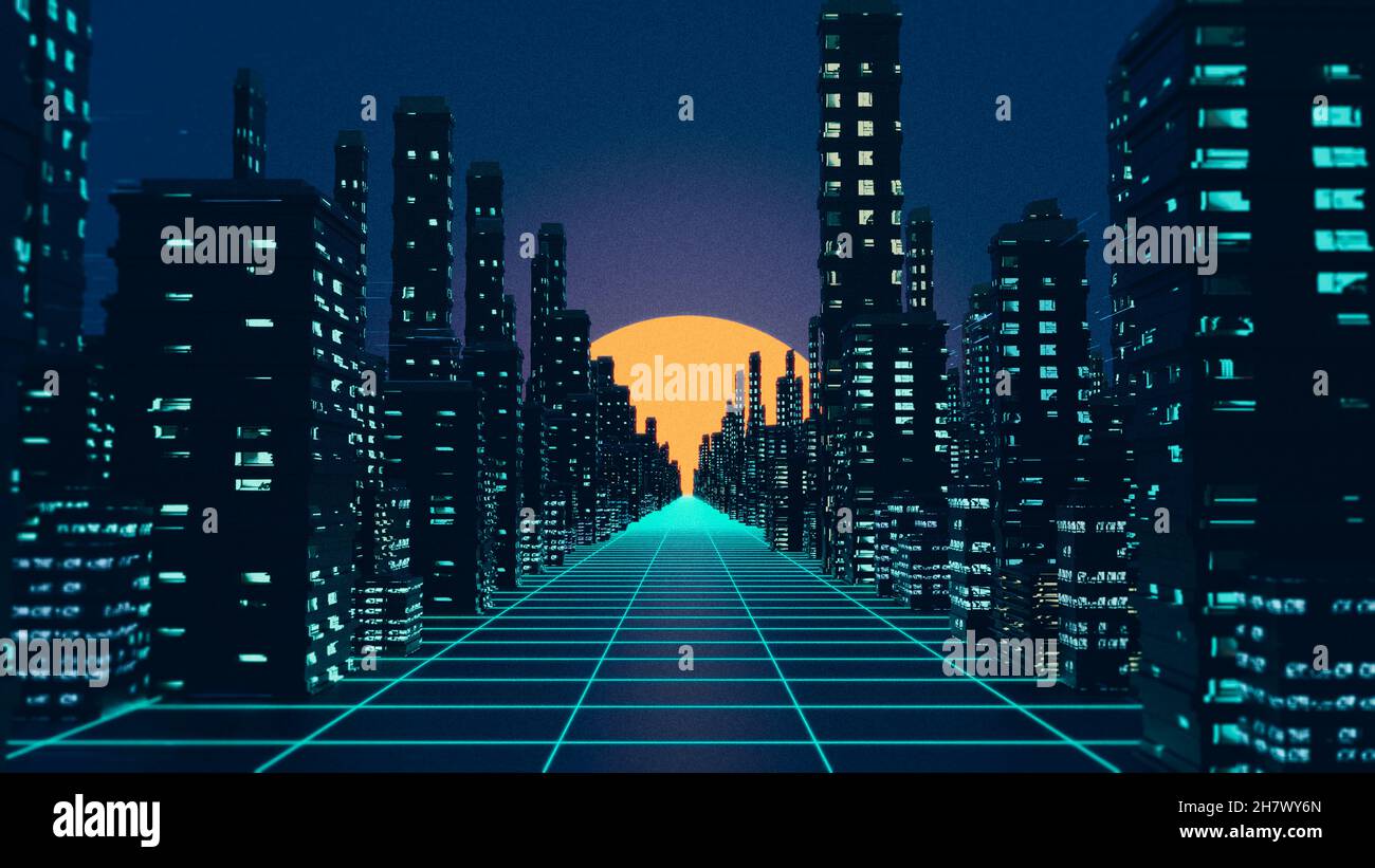 Vaporwave Cyberpank City Background With Road Houses Big Sun And Sunset On Horizon Neon Light 3d Illustration 3d Rendering Stock Photo Alamy