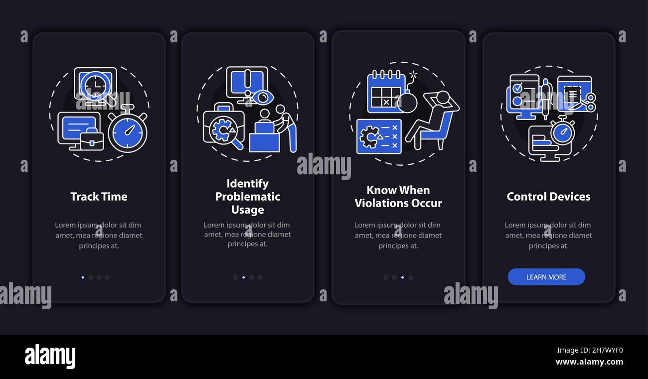 Benefits of employee monitoring dark onboarding mobile app page screen ...