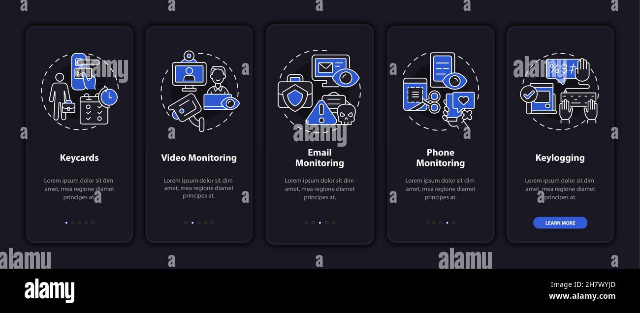 Types of employee monitoring dark onboarding mobile app page screen ...