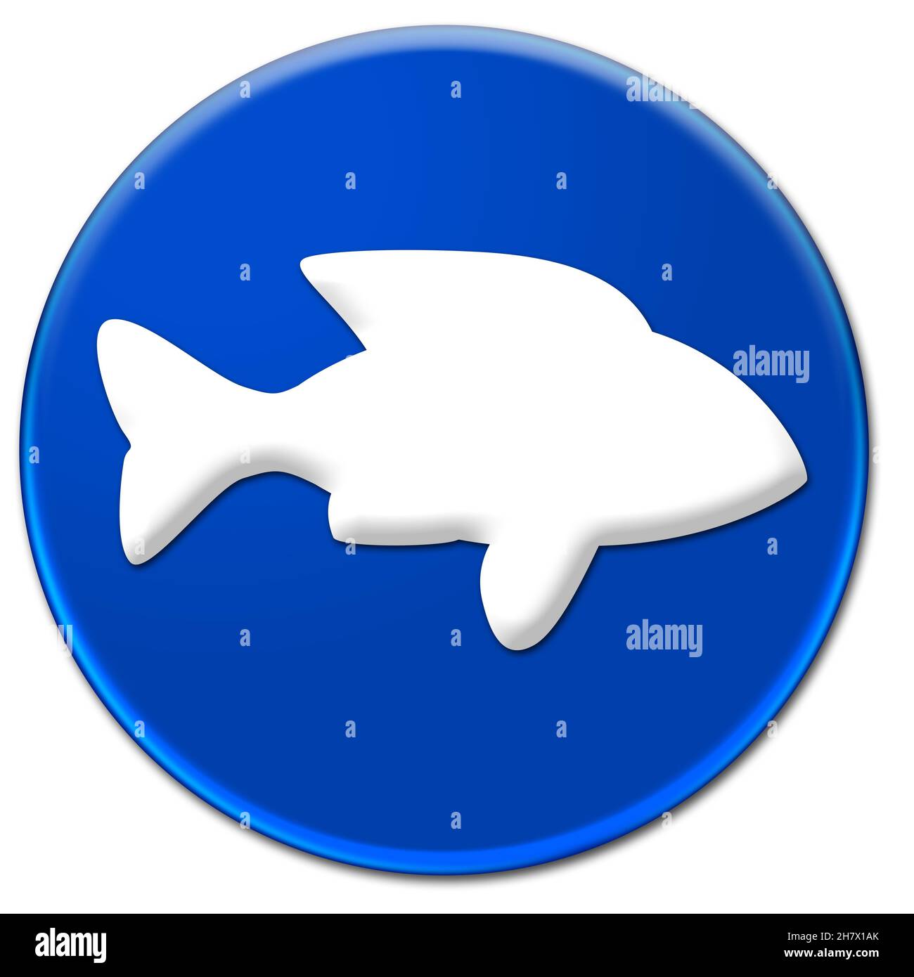 Fish sign on a blue glassy button isolated over white background Stock Photo
