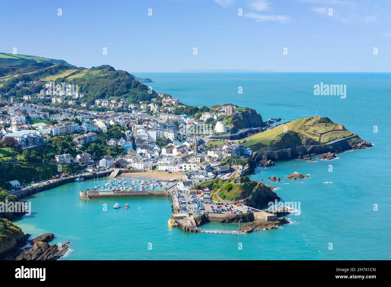 Spectacular views of the coast and harbour at Ilfracombe from the south west coast path above the town of Ilfracombe Devon England UK GB Europe Stock Photo
