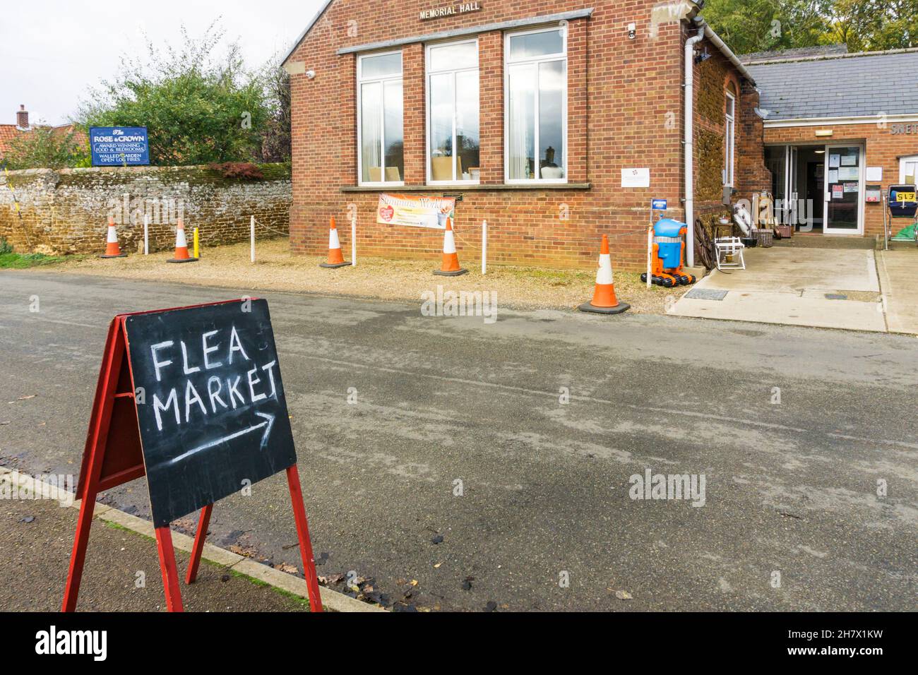 Sign for a Flea Market being held in a village hall in Norfolk. Stock Photo