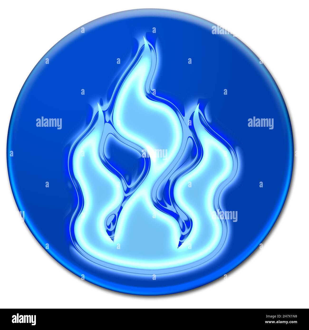 Metallic fire icon on a blue button isolated over white background ...