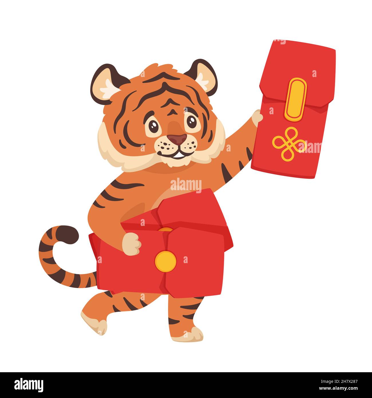 Cute Chinese New Year Tiger Holding Gold Money And Red Envelope