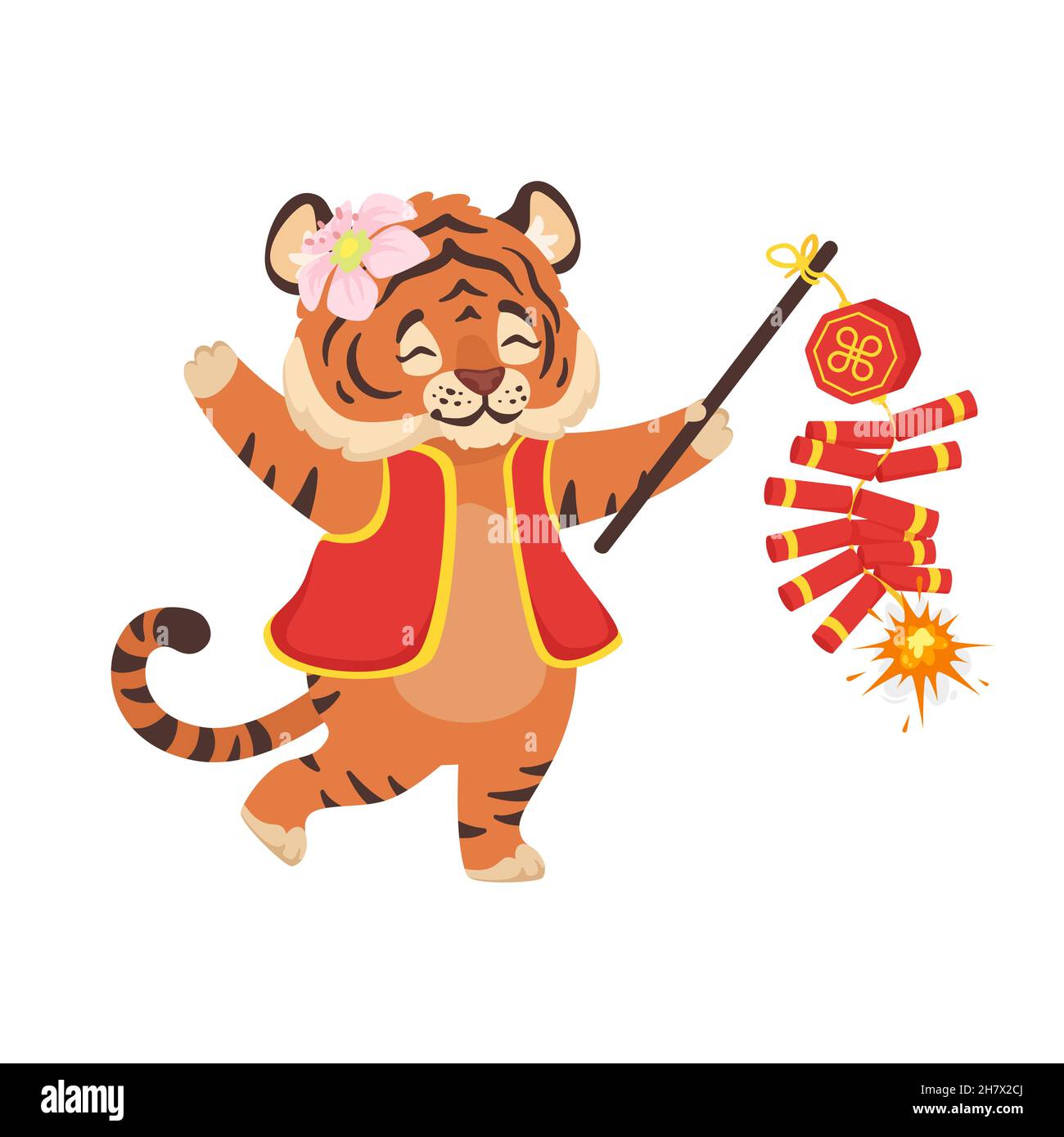 cute tiger holding traditional China firecrackers. Isolated Stock Vector