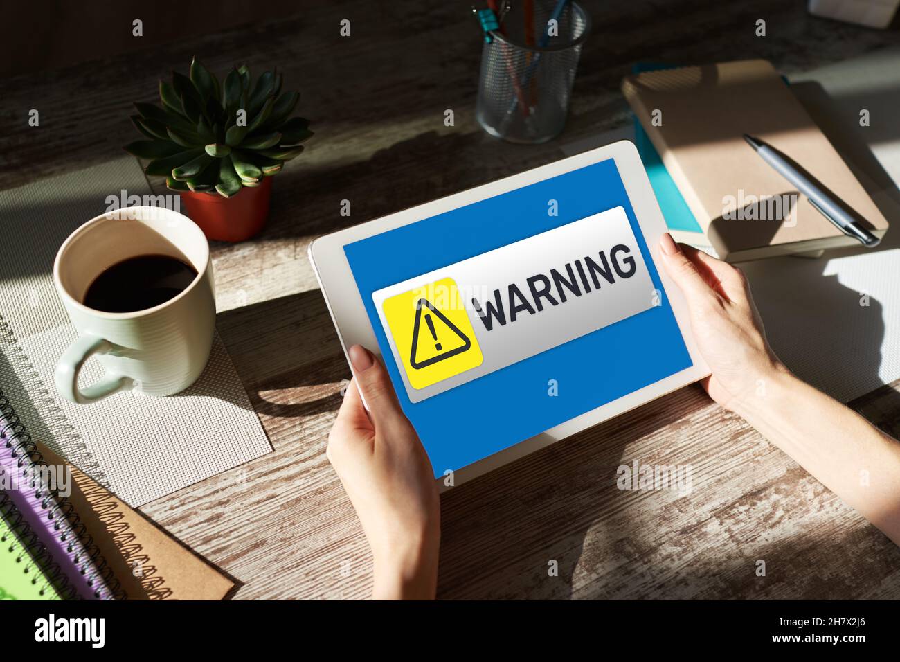 Warning message sign on screen. Virus detection security breathe hardware or software trouble. Internet cyber security concept. Stock Photo