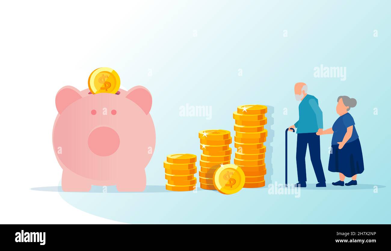 Vector of an elderly couple man and woman standing next to a stacked with dollar coins piggy bank. Stock Vector