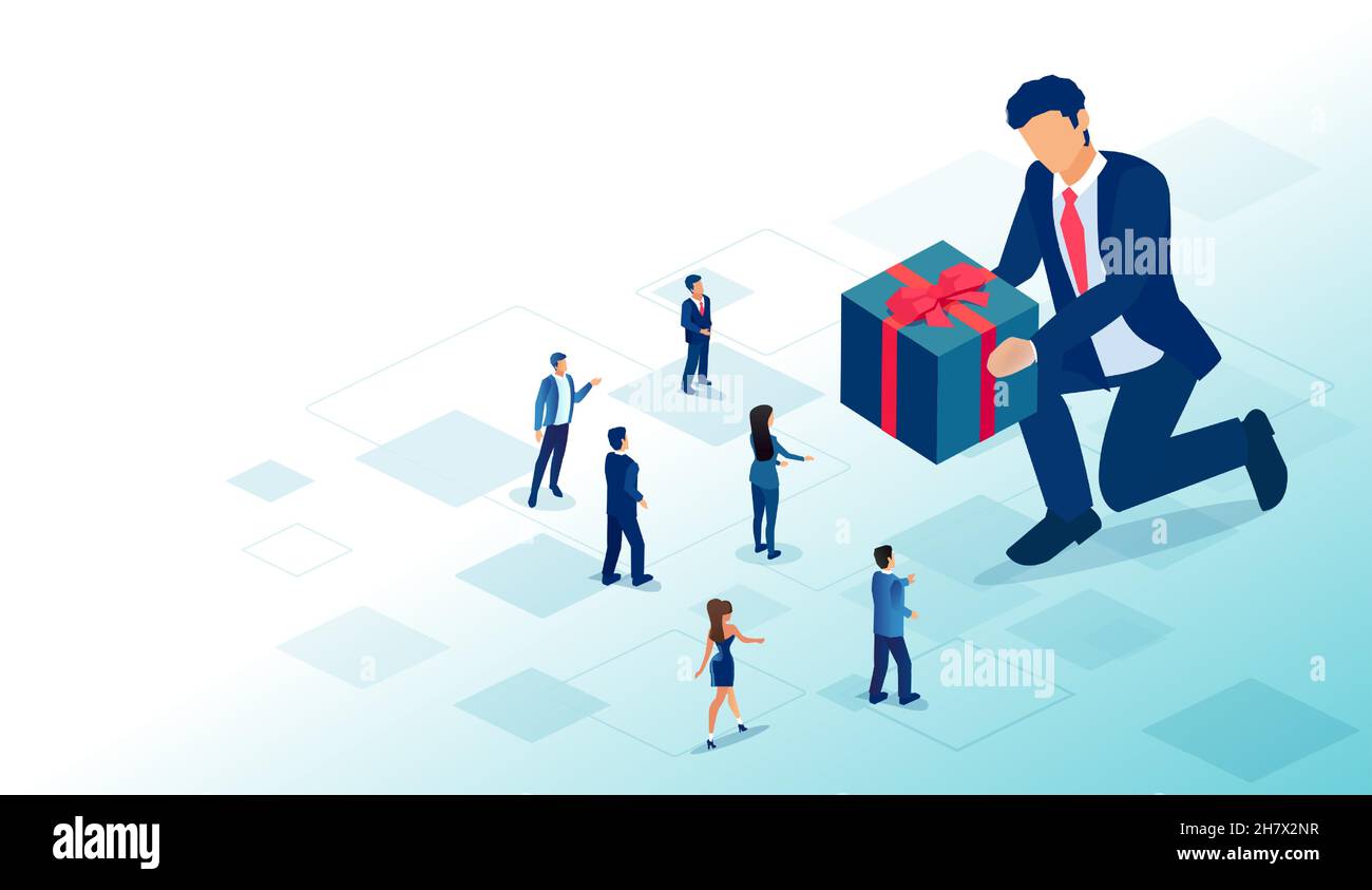 Vector of a big businessman offering a gift box to a group of people men and women Stock Vector