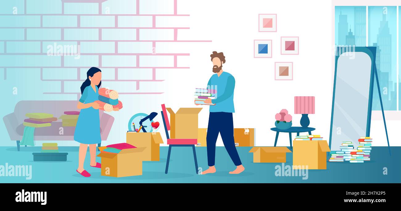 Vector of a young couple relocating to a new apartment flat unpacking boxes in a living room. Stock Vector