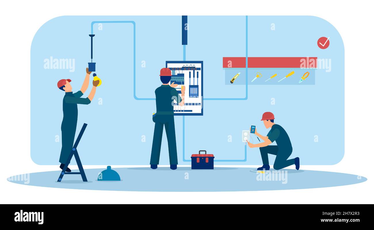 Vector of a team of electricians working at a new home checking the electricity box installing sockets and lighting Stock Vector