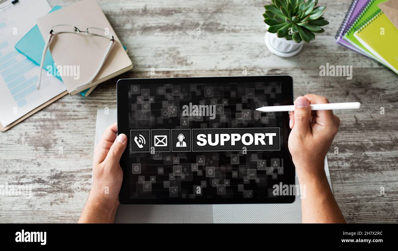 Technical support icons on screen. Call to help center. Internet and ...