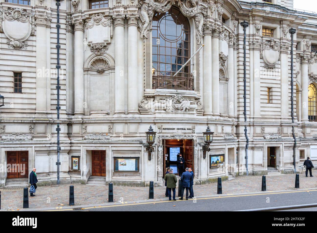 Entrance of the Methodist Central Hall (aka Central Hall Westminster), a multi-purpose venue in the City of Westminster, London, UK Stock Photo