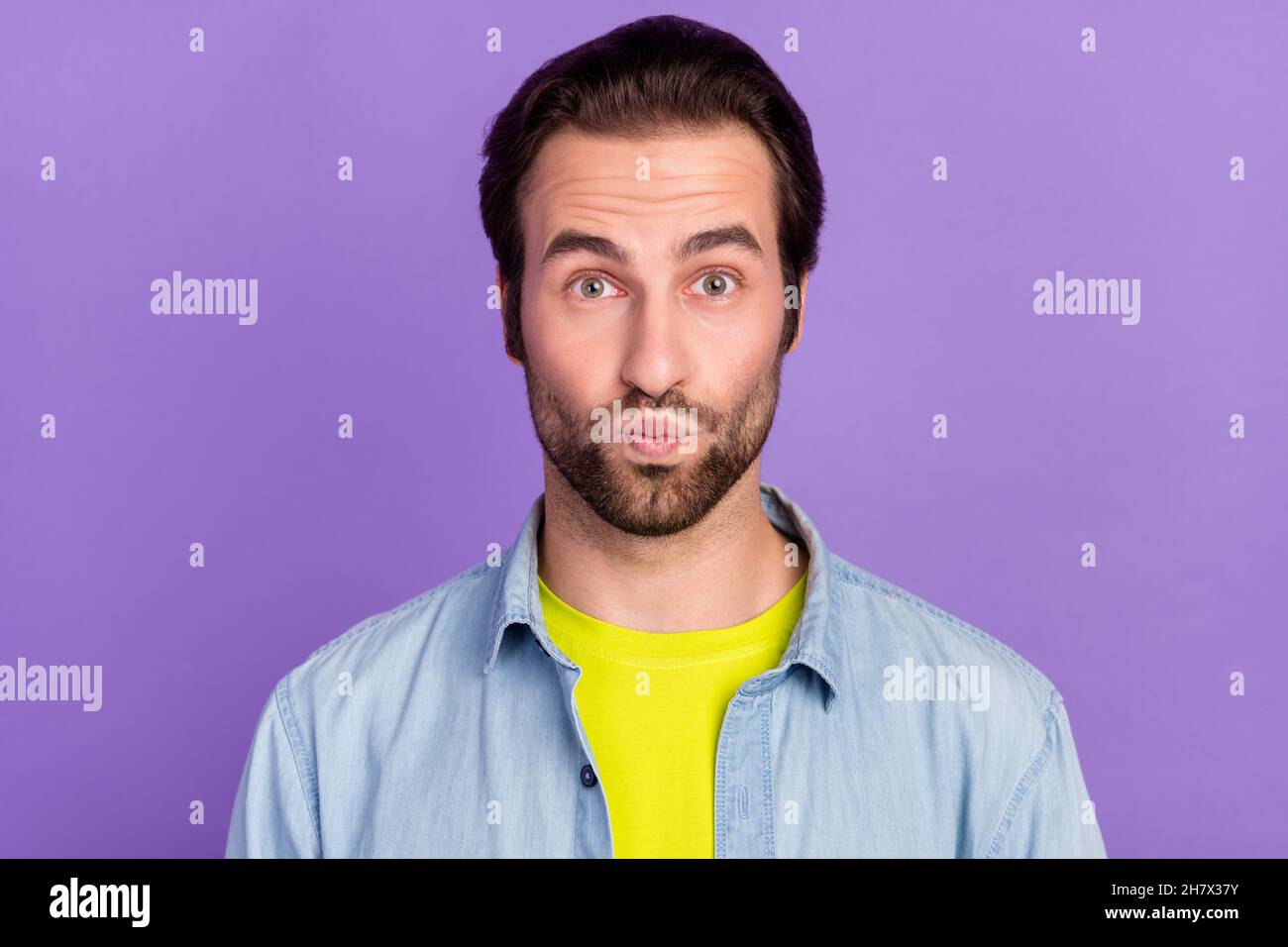 Photo of positive flirty coquettish man pout lips kiss you boyfriend  celebrate woman day isolated on violet color background Stock Photo - Alamy